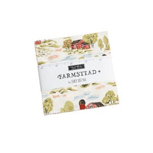 May include: A Moda Fabrics charm pack featuring a farmhouse design with red barns, green trees, and blue skies. The fabric squares are printed with the text "FARMSTEAD by Stacy Test Hsu".