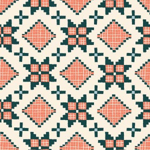 Może przedstawiać: Powtarzający się wzór z geometrycznymi kształtami w kolorze koralowym, morskim i jasnoniebieskim na kremowym tle. Projekt zawiera kształty rombów i krzyży, tworząc teksturowany, pikselowany efekt, odpowiedni do tkanin lub tapet.