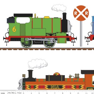 May include: A green and black toy train engine with the number 6 on the side. The train is on a track with a red and white railway crossing sign. Below the train is a brown and orange toy train engine with the word "NIA" on the side.