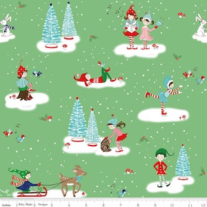 May include: A green fabric with a repeating pattern of elves, birds, trees, and mushrooms. The elves are wearing red and white clothing and are engaged in various activities, such as singing, ice skating, and sledding. The trees are blue and green and have red mushrooms at their base. The birds are blue and white and are singing.