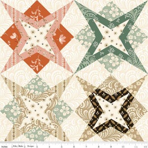 Op de afbeelding: Een patchwork quilt ontwerp met vier sterpatronen. Elke ster is samengesteld uit stoffen in oranje, roze, groen en bruin, met bloemen- en paisley-patronen. De achtergrond is crème met een subtiel paisley-ontwerp. De liniaal aan de onderkant toont inches.