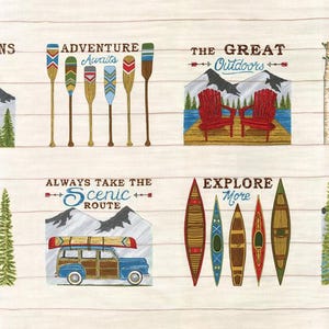May include: A decorative panel with outdoor-themed illustrations and text. Designs include mountain scenes, canoes, paddles, and phrases like "The Mountains are Calling" and "Explore More." The background has a wood-grain texture.