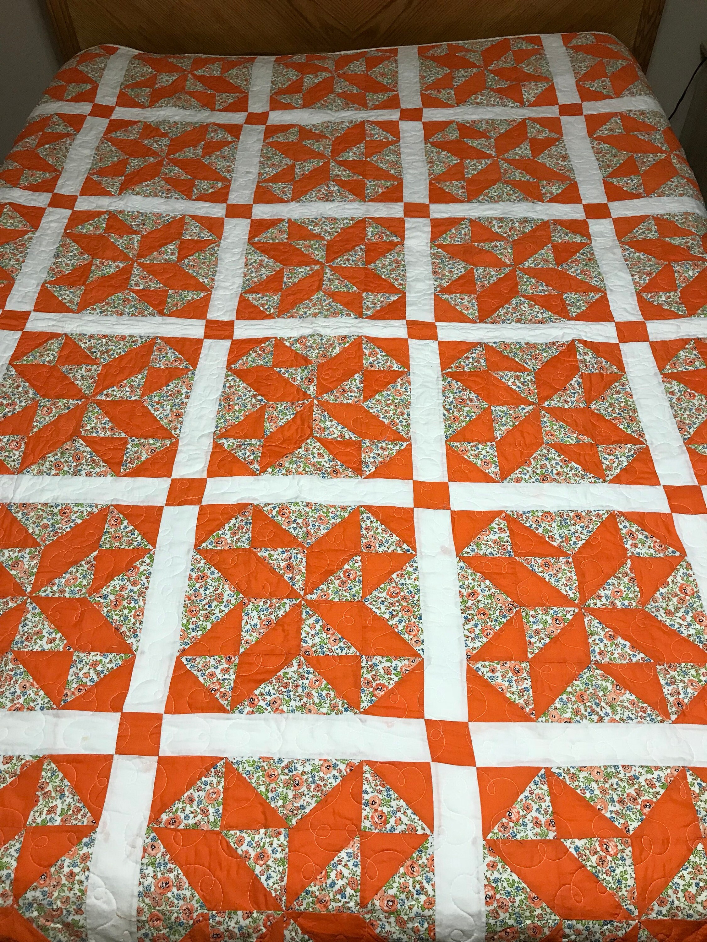 Vintage orange and white quilt top newly quilted 86 by Etsy