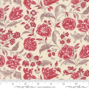 May include: Cream-coloured fabric with a repeating floral pattern in red and brown. The design features stylized flowers, leaves, and vines. The fabric has a vintage or antique aesthetic, suitable for quilting or crafting projects.