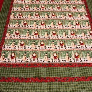 New Christmas Snowman and Santa Clause lap Quilt 44 1/2&quot; by 60 1/2&quot; rich red, silver and green