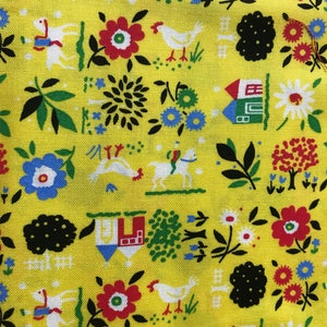 Vintage Folk Art Fabric sold by the yard on yellow