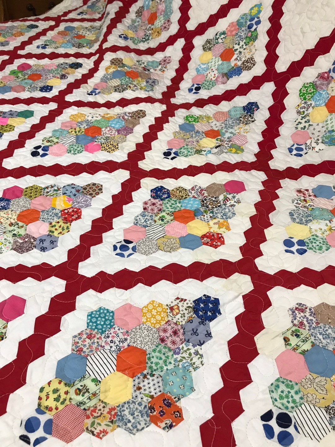 Vintage Feed Sack Hexagon Quilt Top Newlyquilted With Cotton Batting