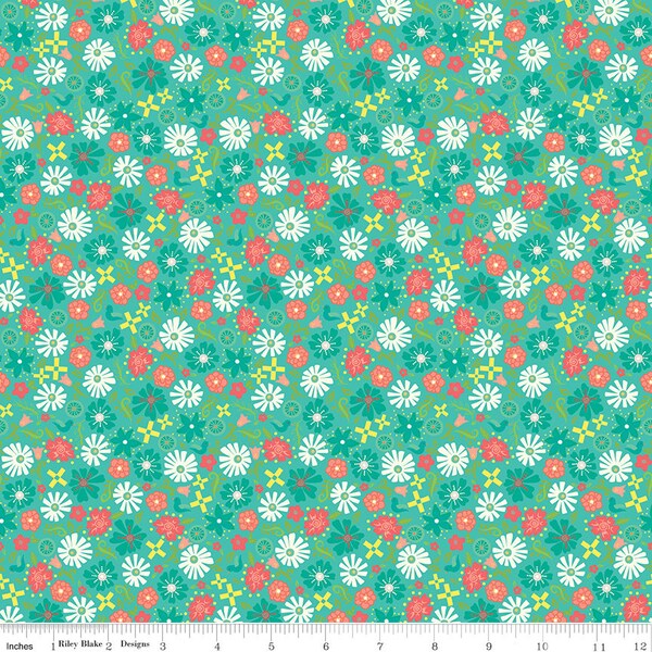 Riley Blake C13015-Seaglass Riley Blake Designs Gingham Cottage by Heather Peterson Sold by the Yard 100% cotton Flower Blossoms Floral