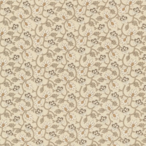 Pode incluir: Um padrão sem costura com um design repetitivo de pequenas flores brancas e folhas marrons sobre um fundo creme.