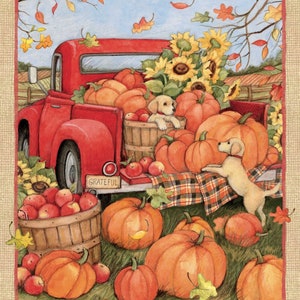 Red Truck Pumpkins and Puppies Fall panel Designed By Susan Winget  Sold by the panel