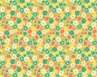 Yellow Floral Fabric, Riley Blake Gingham Cottage, 100% Cotton