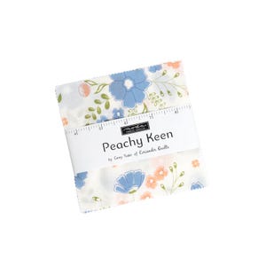Può includere: Un mucchio di quadrati di tessuto con un motivo floreale blu, pesca e verde su sfondo bianco. Il tessuto è etichettato "Peachy Keen" di Corey Yoder di Coriander Quilts. Un righello è stampato sul tessuto.