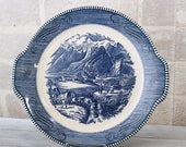 Currier and Ives bowl, Handled Cake Plate, Rocky Mountain scene, blue transferware, dinnerware dishes, Early Winter