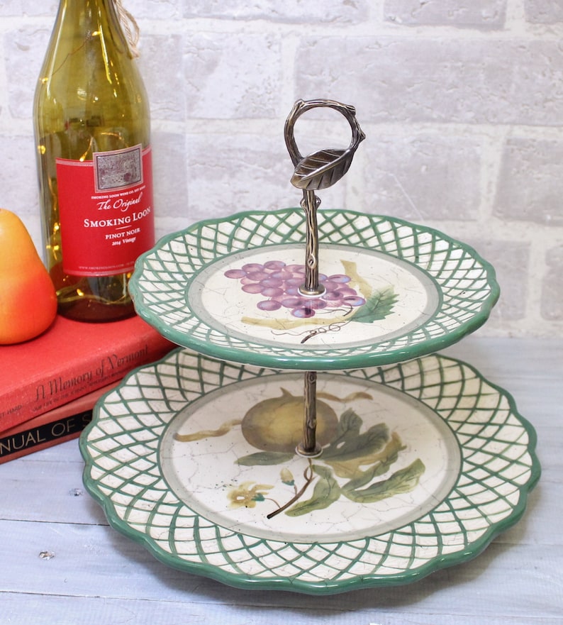 2 tier French Country plate dessert stand Pastry or fruit 2 tiered cake stand green kitchen