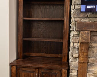 Red Oak Bookshelf with Cabinet: Java Gel Stain Finish, Built-in Look Storage