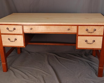 Cherry Wood Executive Desk, Tiger Maple & Zebra Wood Inlay