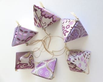 Set of 6 origami, shades of purple, Christmas balls, Christmas decoration, metal cabochons