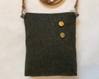 Stafford - Upcycled Wool Suit Crossbody Bag / Medium Wool Handbag Purse / Green, Beige / Gift for Her