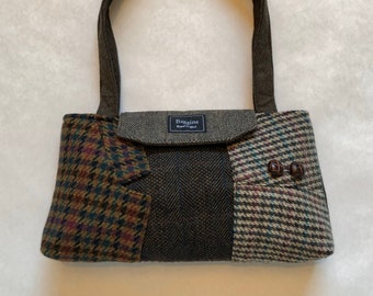 Recycled Wool Suit Shoulder Bag, Upcycled Handbag, Brown/Pink/Teal