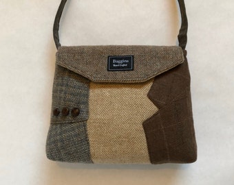 Recycled Wool Suit Shoulder Bag, Upcycled Handbag, Brown Gray