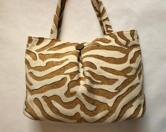 Carlisle - Oversized Tote Bag / Gold & Beige Animal Print Fabric Handbag / Gift for Her