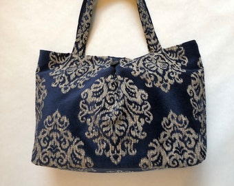 Carlisle - Oversized Tote Bag / Navy Blue Damask Print Fabric Handbag / Gift for Her