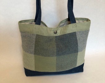 Tory - Large Shoulder Tote Bag / Plaid Wool, Denim, Faux Suede, Linen / Gift for Her