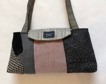 Recycled Wool Suit Shoulder Bag, Upcycled Handbag, Black/Pink