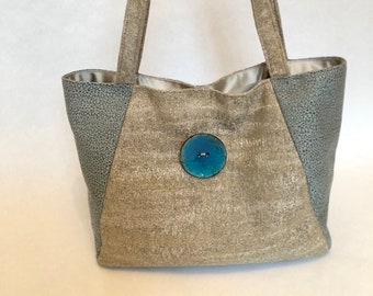 Beryl - Medium Shoulder Tote Bag / Teal Blue Beige / Gift for Her