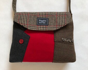 Recycled Wool Suit Shoulder Bag, Upcycled Handbag, Black/Brown/Red