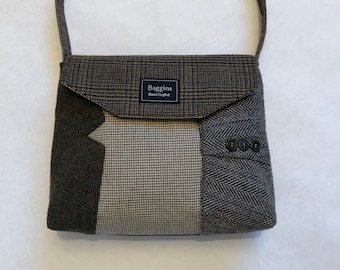 Recycled Wool Suit Shoulder Bag, Upcycled Handbag, Green/Brown