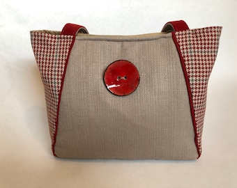 Beryl - Medium Shoulder Tote Bag / Red Plaid Beige Fabric Handbag / Gift for Her