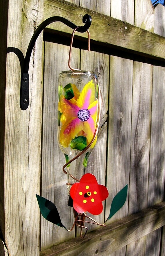 Glass Hummingbird Feeder Hand Painted With Copper Drinking Etsy