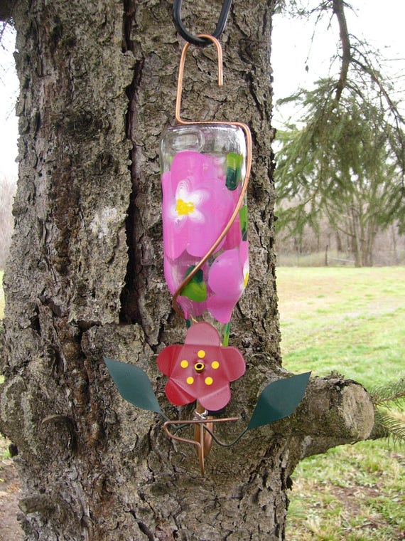 Glass Hummingbird Feeder Bird Feeders Hand Painted Copper Wire Etsy
