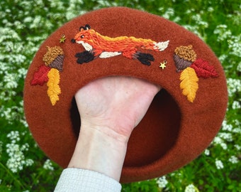 Acorn Fox ~ Embroidered Wool Beret
