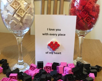 Lego Greetings Card - I Love You With Every Piece Of My Heart Valentine's Anniversary Wife Grandma Daughter Dad Grandad Son Child
