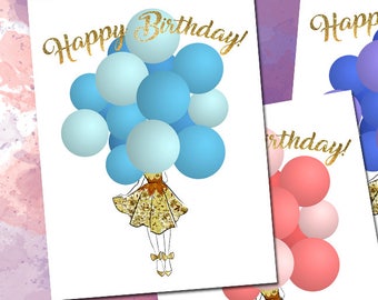 Birthday Card Fashion Illustration with Blue Balloons, Pink Balloons, Purple Balloons, Rainbow Balloons (Instant Download Fashion Print)