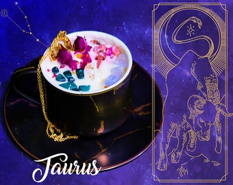 Taurus Zodiac Candle with Crystals, Dried Flowers, and Gold Necklace / Birth Month Horoscope Scented Candle with Unique Angel Message