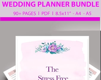 Könnte beinhalten: Ein rosa-weißer Hochzeitsplaner mit floralem Design. Der Planer enthält eine Checkliste für die 12 Monate vor der Hochzeit mit Aufgaben wie Festlegung des Datums, Festlegung eines Budgets, Auswahl eines Themas und Organisation einer Verlobungsfeier.