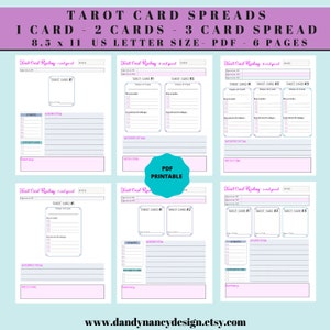 May include: Printable tarot card reading spread templates in PDF format. The templates are designed for 1, 2, and 3 card spreads. Each template includes sections for the date, question, keywords, emotions and feelings, interpretation, reflection, and summary.