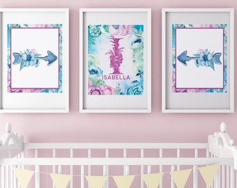 Isabella Floral Monogram Set of 3 Prints, Boho Nursery Wall Art, Initial Wall Art Decor, Nursery Printable,Tribal Art,Baby Shower Gift, 8x10