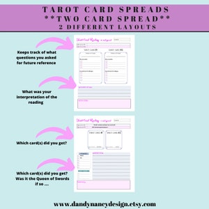 May include: Two printable tarot card reading spread layouts with pink and purple accents. The layouts are titled "Tarot Card Reading - 2 card spread" and include sections for keywords, emotions, interpretations, and reflections.