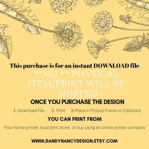 K&ouml;nnte beinhalten: Eine digitale Download-Datei mit gelbem Hintergrund und Pusteblumen-Illustrationen. Der Text auf dem Bild besagt, dass kein physischer Artikel versendet wird und enth&auml;lt Anweisungen zum Drucken des Designs. Die Etsy-Shop-URL ist ebenfalls enthalten.