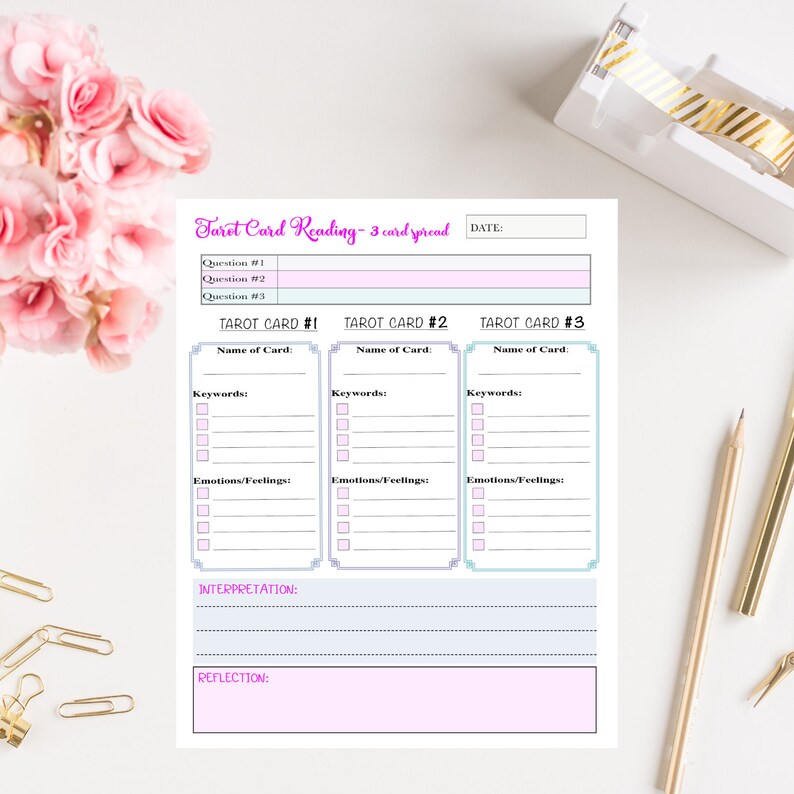 May include: A printable tarot card reading spread with three sections for tarot card #1, tarot card #2, and tarot card #3. Each section has space to write the name of the card, keywords, and emotions or feelings. There is also space for an interpretation and reflection.