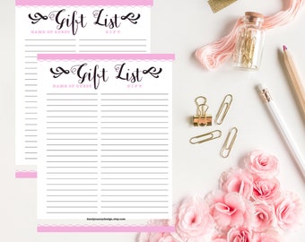 Pink Gift List ,Gift List Baby Shower, Gift List,Gift Tracker,Baby Shower List, Bridal Shower List,Wedding Gift List, Instant Download,PDF