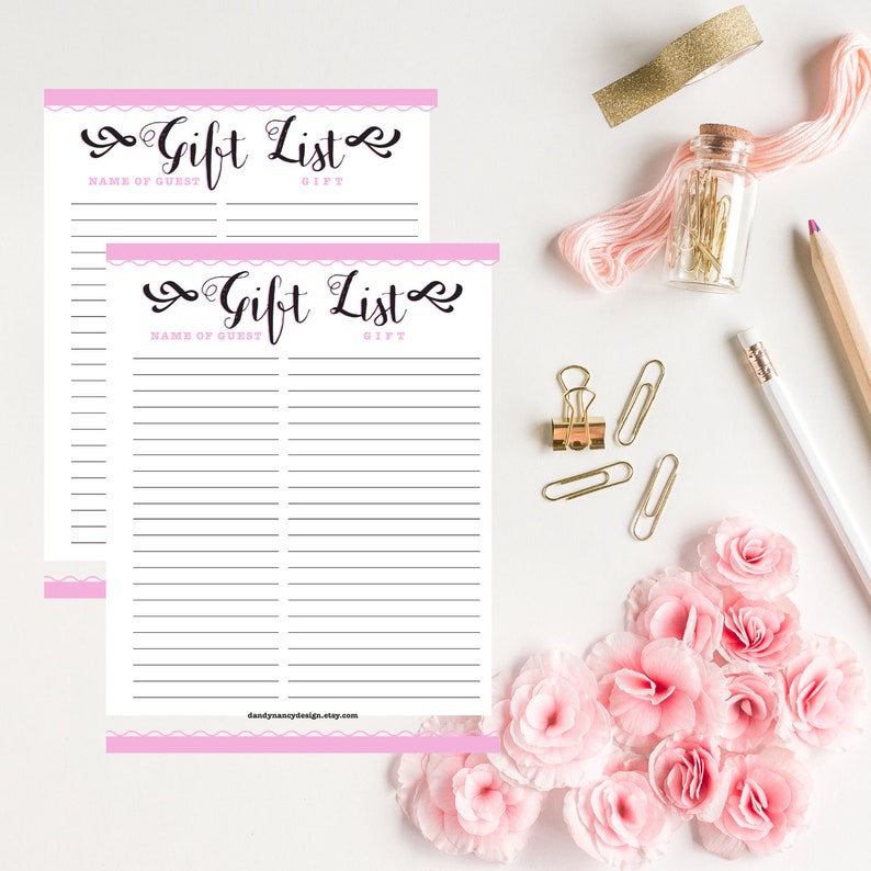 Pink Gift List ,gift List Baby Shower, Gift List,gift Tracker,baby Shower List, Bridal Shower