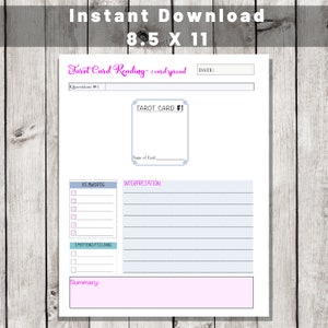 May include: Printable tarot card reading spread template with a light blue background and pink accents. The template includes a space for the date, a question, the name of the tarot card, keywords, interpretation, emotions/feelings, and a summary.