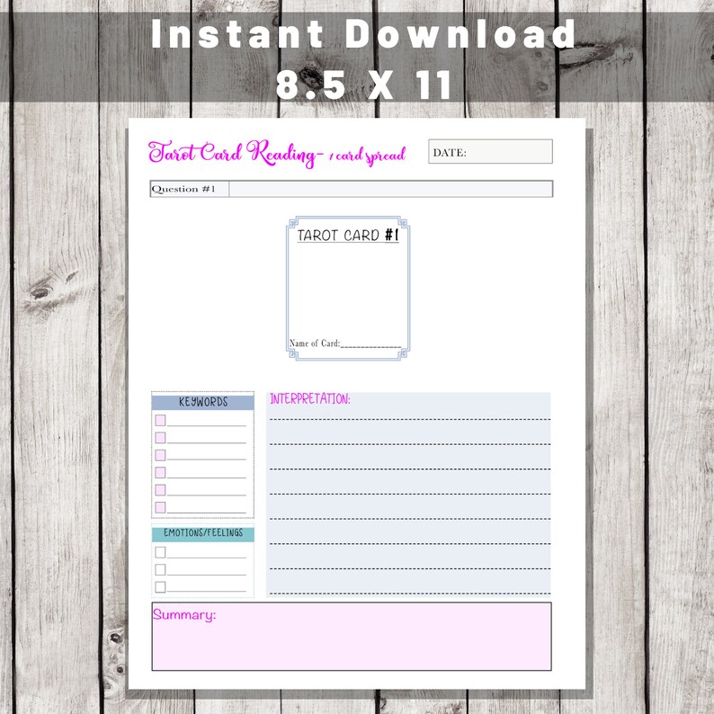 May include: Printable tarot card reading spread template with a light blue background and pink accents. The template includes a space for the date, a question, the name of the tarot card, keywords, interpretation, emotions/feelings, and a summary.