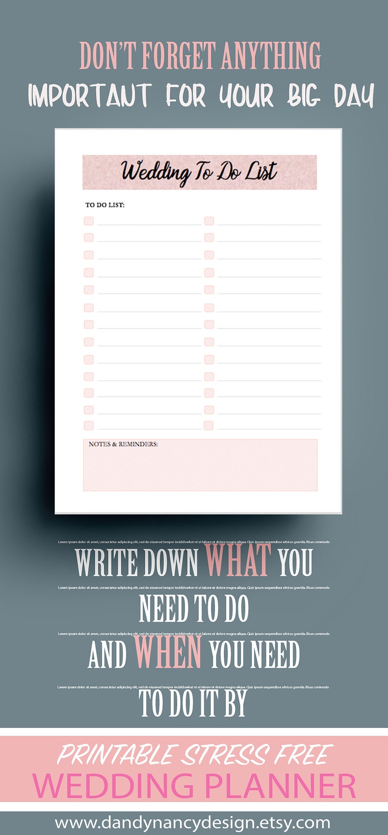 K&ouml;nnte beinhalten: Ein druckbarer Hochzeitsplaner mit rosa Kopf- und Fu&szlig;zeile. Der Text "Wedding To Do List" ist in einer Schreibschrift. Die Liste enth&auml;lt Abschnitte f&uuml;r Aufgaben und Notizen mit dem Text "Schreibe auf, was du tun musst und wann du es tun musst."