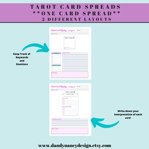 May include: Two printable tarot card spread layouts for a one-card reading. The layouts include sections for keywords, interpretation, and reflection. The text "TAROT CARD SPREADS**ONE CARD SPREAD**2 DIFFERENT LAYOUTS" is at the top of the image. The text "www.dandynancydesign.etsy.com" is at the bottom of the image.